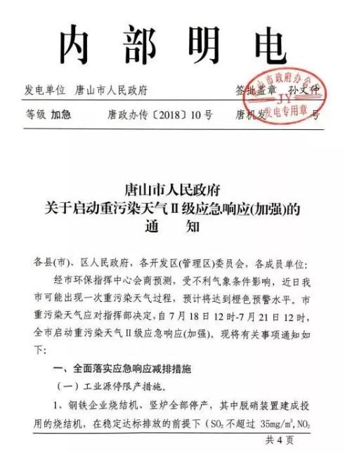 唐山啟動重污染天氣應急響應 鋼鐵燒結機豎爐、水泥企業全部停產